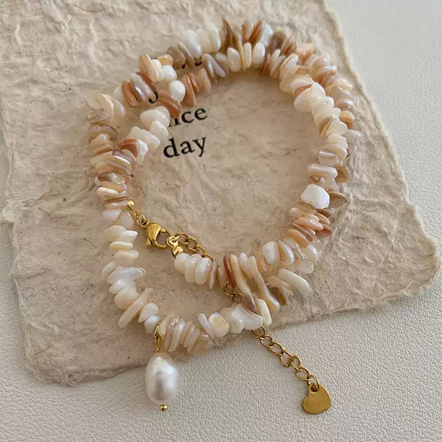 Irregularly Shaped Seashell and Crushed Stone Pearl Necklace