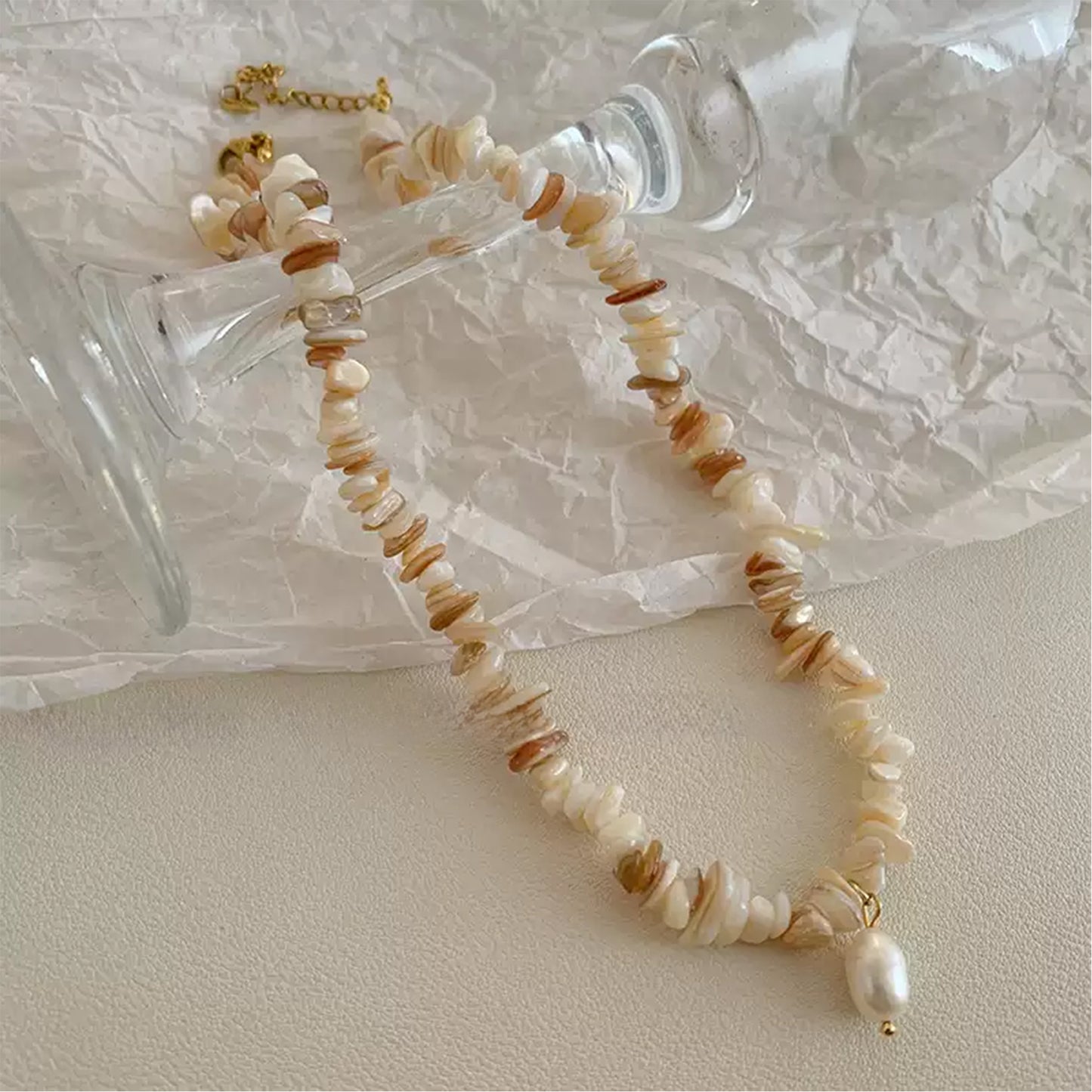 Irregularly Shaped Seashell and Crushed Stone Pearl Necklace