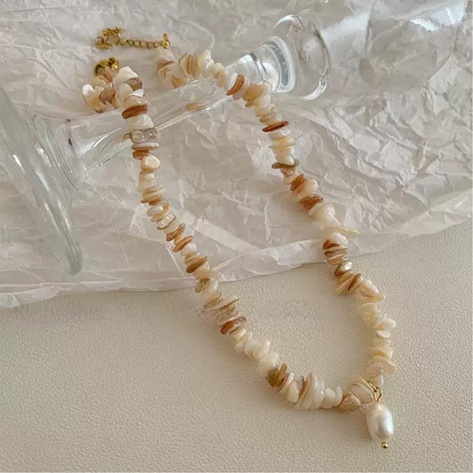 Irregularly Shaped Seashell and Crushed Stone Pearl Necklace