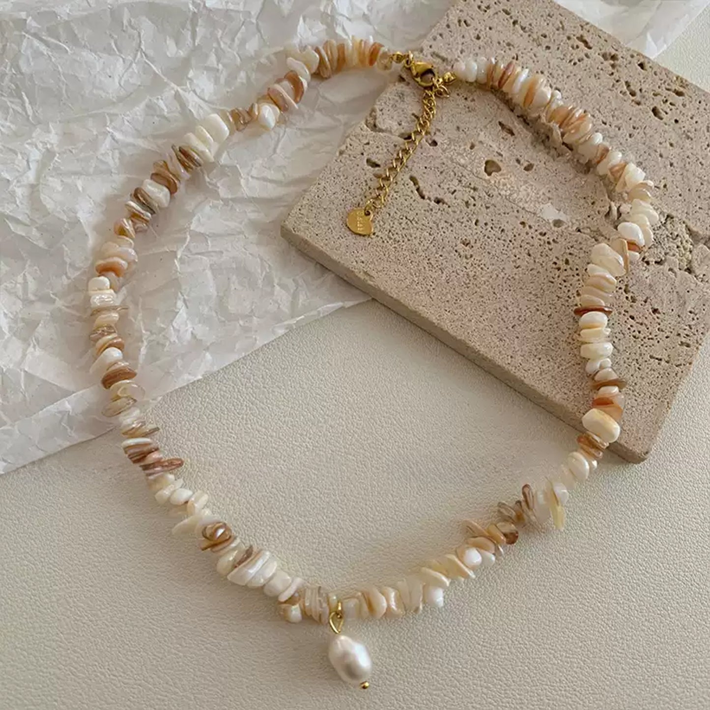 Irregularly Shaped Seashell and Crushed Stone Pearl Necklace