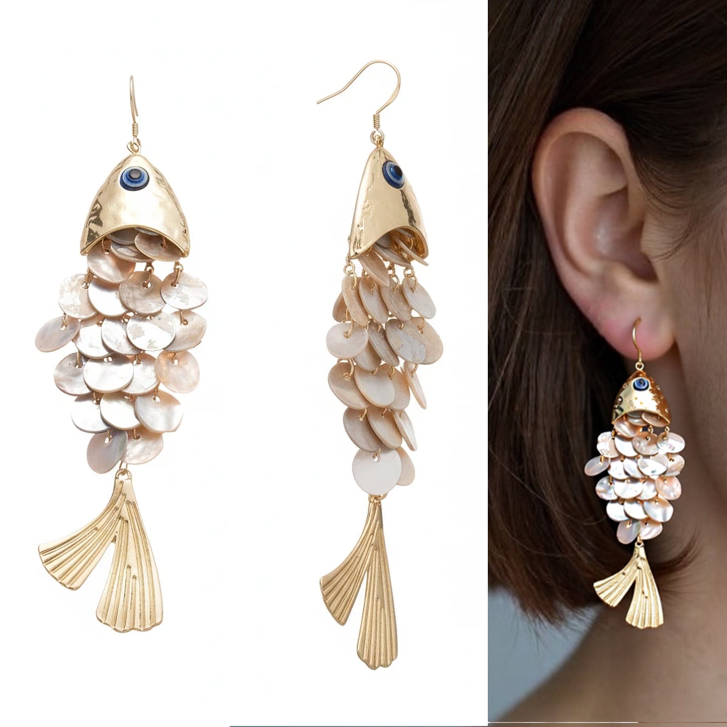 Seashell and Fish Scale Dangle Earrings