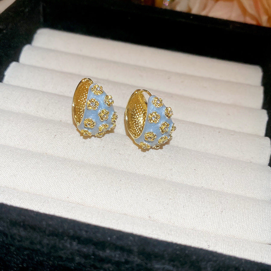 Gold and Blue C-shaped Flower Earrings
