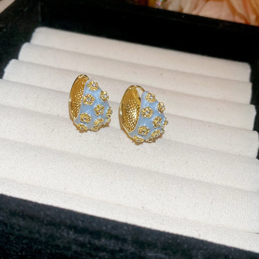Gold and Blue C-shaped Flower Earrings