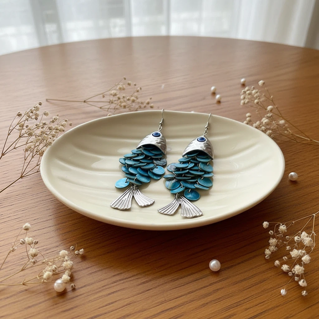 Seashell and Fish Scale Dangle Earrings